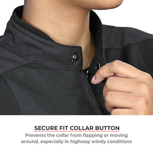 Motodrift ViaTerra Ellis women's riding jacket featuring a secure snap button collar for a windproof fit.