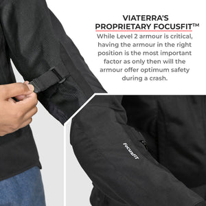 Motodrift ViaTerra Ellis women's riding jacket showing adjustable FocusFit armour straps on the sleeve for safety.