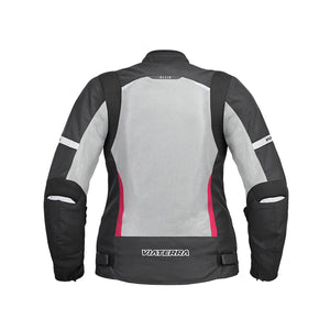 Back view of Motodrift ViaTerra Ellis women's riding jacket in black and grey with pink accents and reflective details.