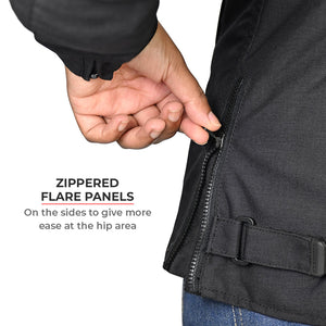 Motodrift ViaTerra Ellis women's riding jacket featuring adjustable zippered side flare panels for hip comfort