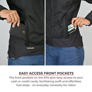 Motodrift ViaTerra Ellis women's black riding jacket showing convenient front pockets for easy access to essentials.