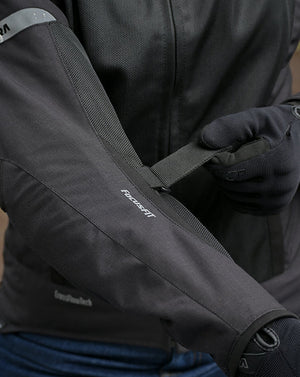 Motodrift ViaTerra Ellis women's black riding jacket sleeve with adjustable strap and FocusFit technology detail
