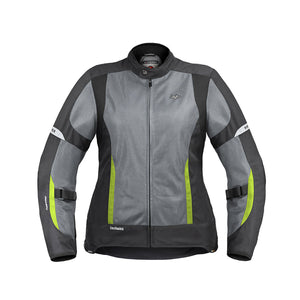 Motodrift ViaTerra Ellis women's grey and black mesh motorcycle riding jacket with neon green accents
