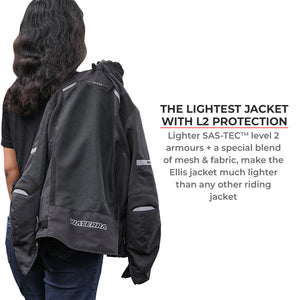 Motodrift ViaTerra Ellis women's black mesh riding jacket with protective armor, worn over the shoulder.