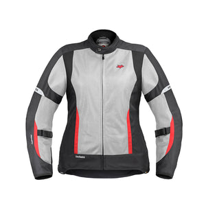 Motodrift ViaTerra Ellis women's riding jacket in grey and black with red accents and protective mesh panels.