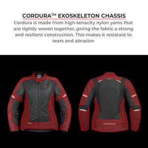 Motodrift ViaTerra Ellis women's riding jacket in red and black Cordura fabric with front and back views.