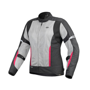 Motodrift ViaTerra Ellis women's grey and black mesh riding jacket with pink accents and adjustable arm straps.