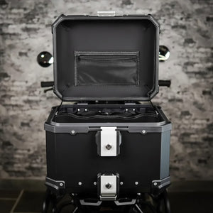 Motodrift ZANA 45L aluminium motorcycle top box in black and silver with open lid and internal storage pocket