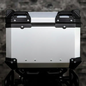 Motodrift ZANA 45L aluminium motorcycle top box in silver and black with reinforced corner protectors