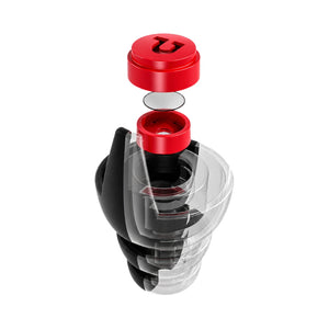 Pinlock motorcycle earplugs showing internal precision filter components and red cap for wind noise reduction.