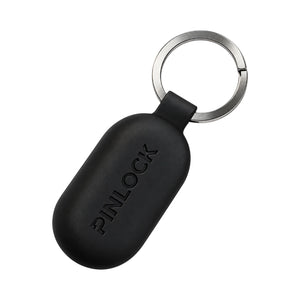 Black Pinlock earplug storage case with a metal keyring for motorcycle riders