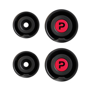 Pinlock motorcycle earplugs in black with red precision filters, shown in medium and large sizes.