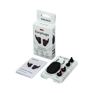 Pinlock motorcycle earplugs with -24dB wind noise reduction, including two sizes and a storage case.
