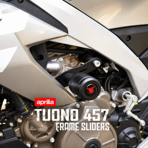 RKTECH frame sliders installed on an Aprilia Tuono 457, featuring black Terlin sliders and aluminium mounts.
