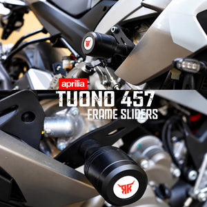RKTECH frame sliders installed on an Aprilia Tuono 457, featuring black CNC aluminium and Terlin material.