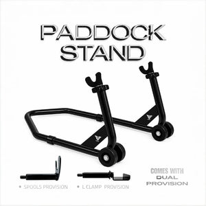 RKTECH black universal motorcycle paddock stand with spool and L-clamp attachments for maintenance.
