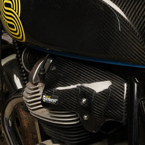 RLZ twill gloss carbon fiber heat shield installed on a Royal Enfield Interceptor 650 engine side cover