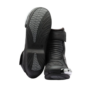 Solace Speed X 2.0 black leather motorcycle boots with metal toe sliders and rubber soles.