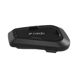 Black Cardo motorcycle communication device on a white background