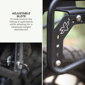 ViaTerra saddlebag rack for KTM Adventure 390 Gen 3 showing laser-cut adjustable mounting slots and hardware