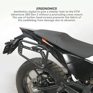 ViaTerra saddlebag rack mounted on a KTM Adventure 390 Gen 3 motorcycle for secure luggage touring.