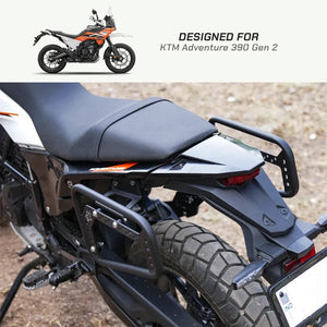 ViaTerra saddlebag rack mounted on a KTM Adventure 390, featuring a durable matte black steel frame.