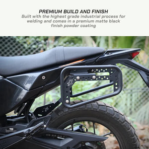 ViaTerra saddlebag rack mounted on a KTM Adventure 390 Gen 3 motorcycle in matte black powder-coated steel.