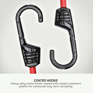 Motodrift ViaTerra red bungee cord featuring heavy-duty metal hooks with impact-resistant plastic coating