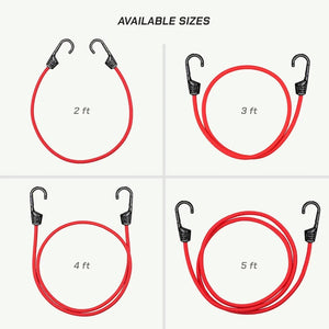 ViaTerra red bungee cords with heavy-duty hooks shown in 2ft, 3ft, 4ft, and 5ft length options.