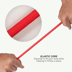 ViaTerra red elastic bungee cord being stretched to demonstrate the durable braided polyester sheath