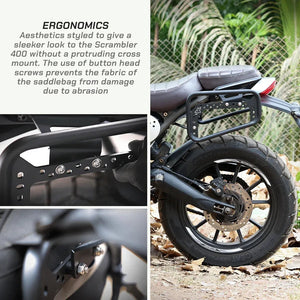 ViaTerra saddlebag rack installed on a Triumph Scrambler 400, showing matte black steel construction.