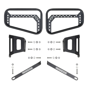 ViaTerra saddlebag rack for Triumph Scrambler 400, matte black steel mounts with hardware and brackets.