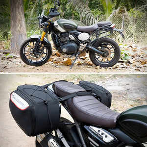 ViaTerra saddlebag rack installed on a Triumph Scrambler 400 X with black side bags for adventure touring