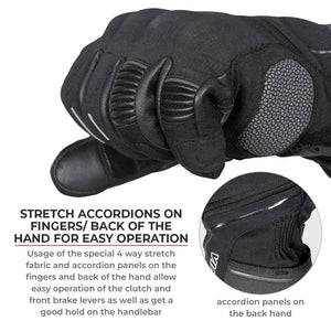Viaterra Tundra V3 winter motorcycle gloves showing stretch accordion panels on fingers and back of hand