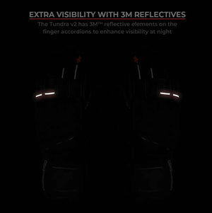 ViaTerra Tundra V3 winter motorcycle gloves showing 3M reflective elements on fingers in low light