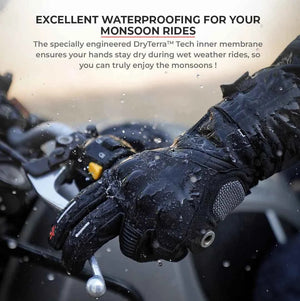 ViaTerra Tundra V3 waterproof motorcycle gloves with DryTerra membrane being used in rainy weather