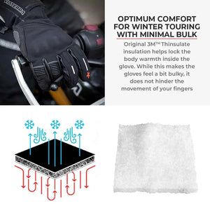 ViaTerra Tundra V3 winter motorcycle gloves showing 3M Thinsulate thermal insulation and grip on handlebars.