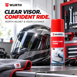 Wurth helmet and visor cleaner spray bottle with a motorcycle helmet and cleaning cloth on a workbench