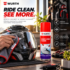 Wurth helmet and visor cleaner spray foam being used to wipe a motorcycle helmet visor with a cloth