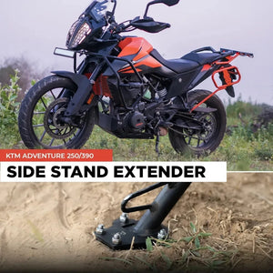 Zana side stand extender installed on KTM Adventure motorcycle