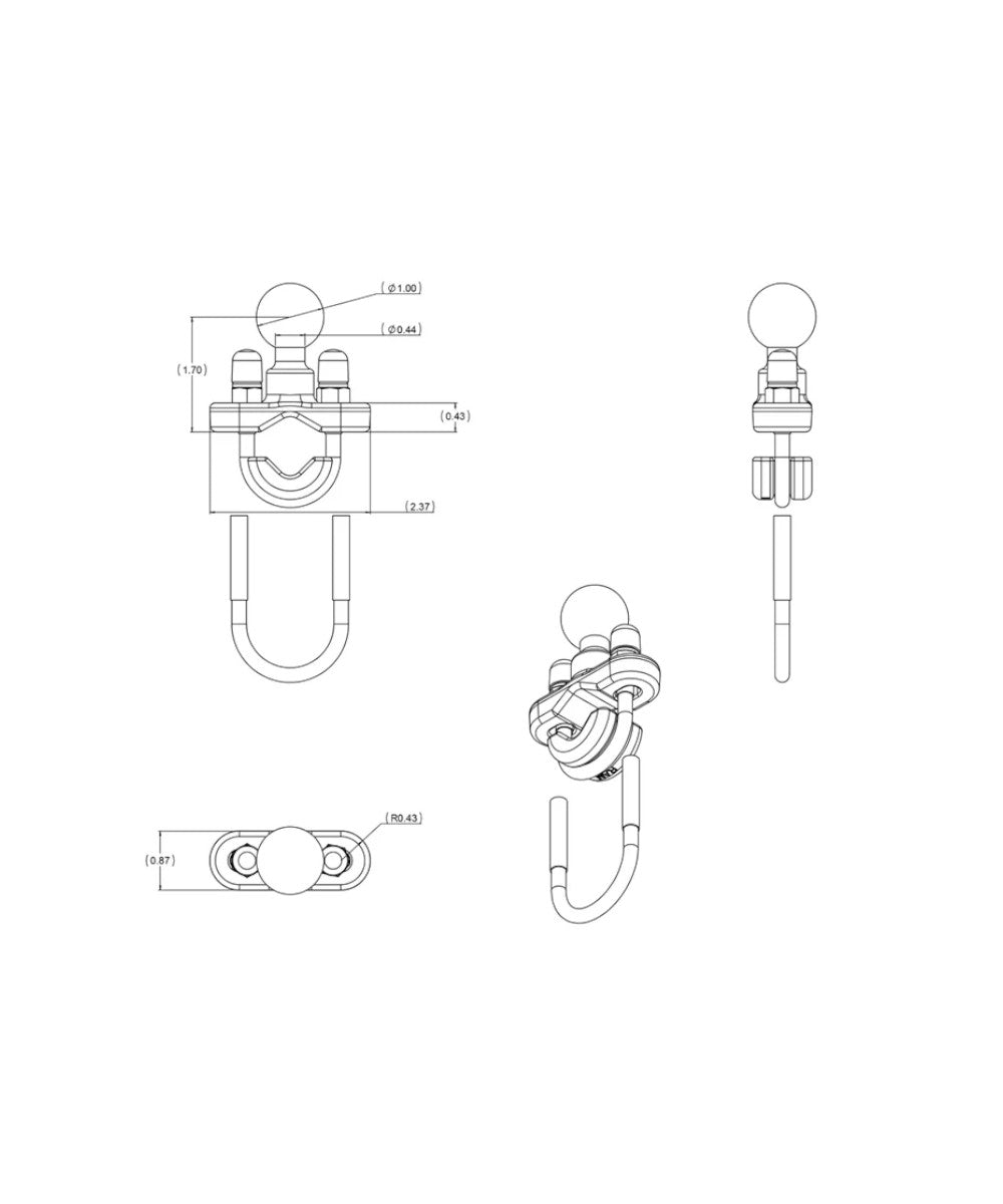 RAM Handlebar U-Bolt Base for Rails 0.5" to 1.25" in Diameter - B Size - Motodrift