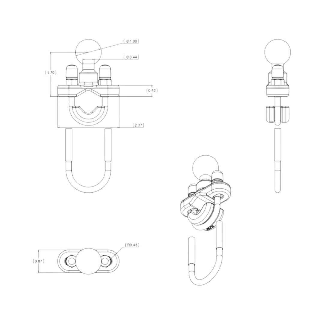 RAM Handlebar U-Bolt Base for Rails 0.5" to 1.25" in Diameter - B Size - Motodrift