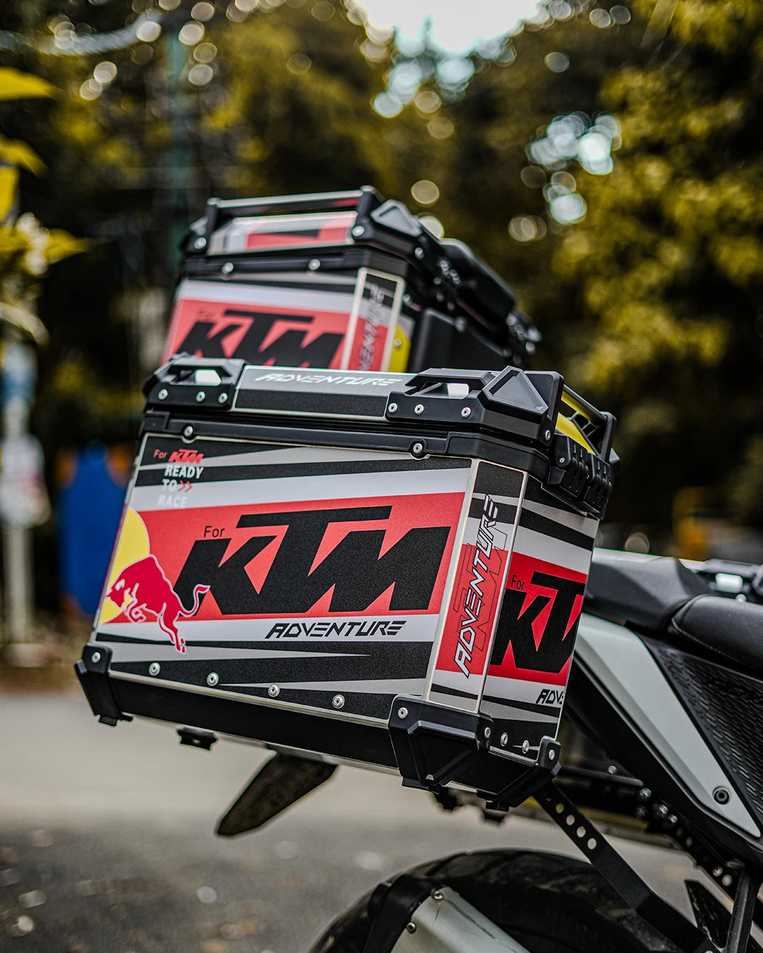 KTM adventure luggage rack on a motorcycle with blurred background