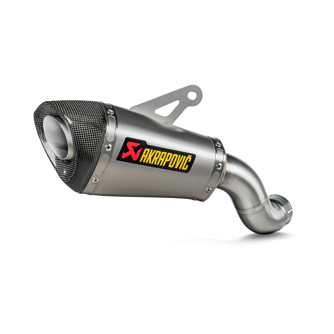 Motorcycle exhaust with Akrapovic logo on a white background
