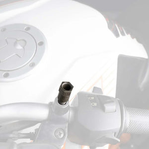 Close-up of a white motorcycle handlebar with control buttons on a white background