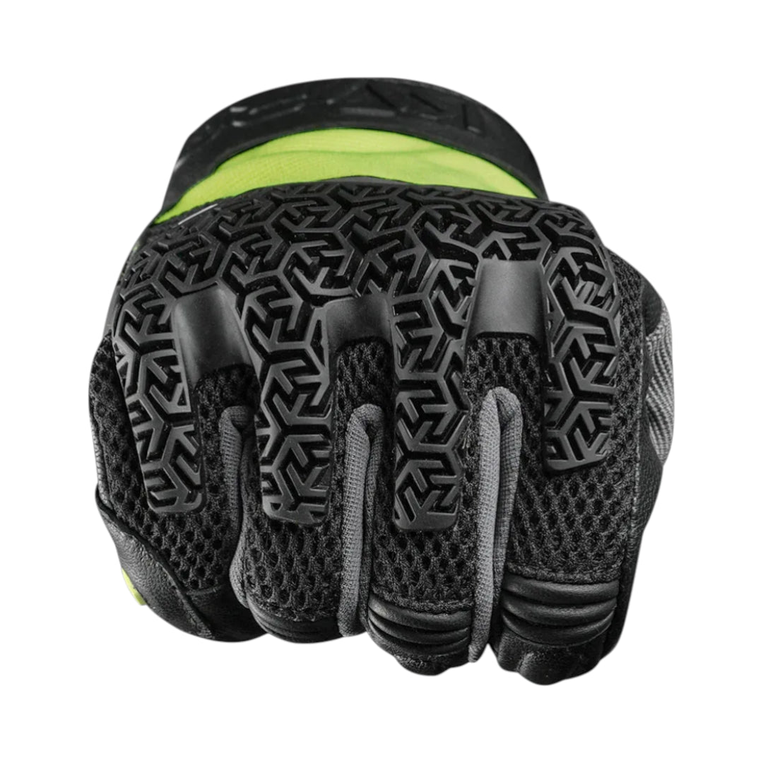 Black and gray glove with textured palm on a white background