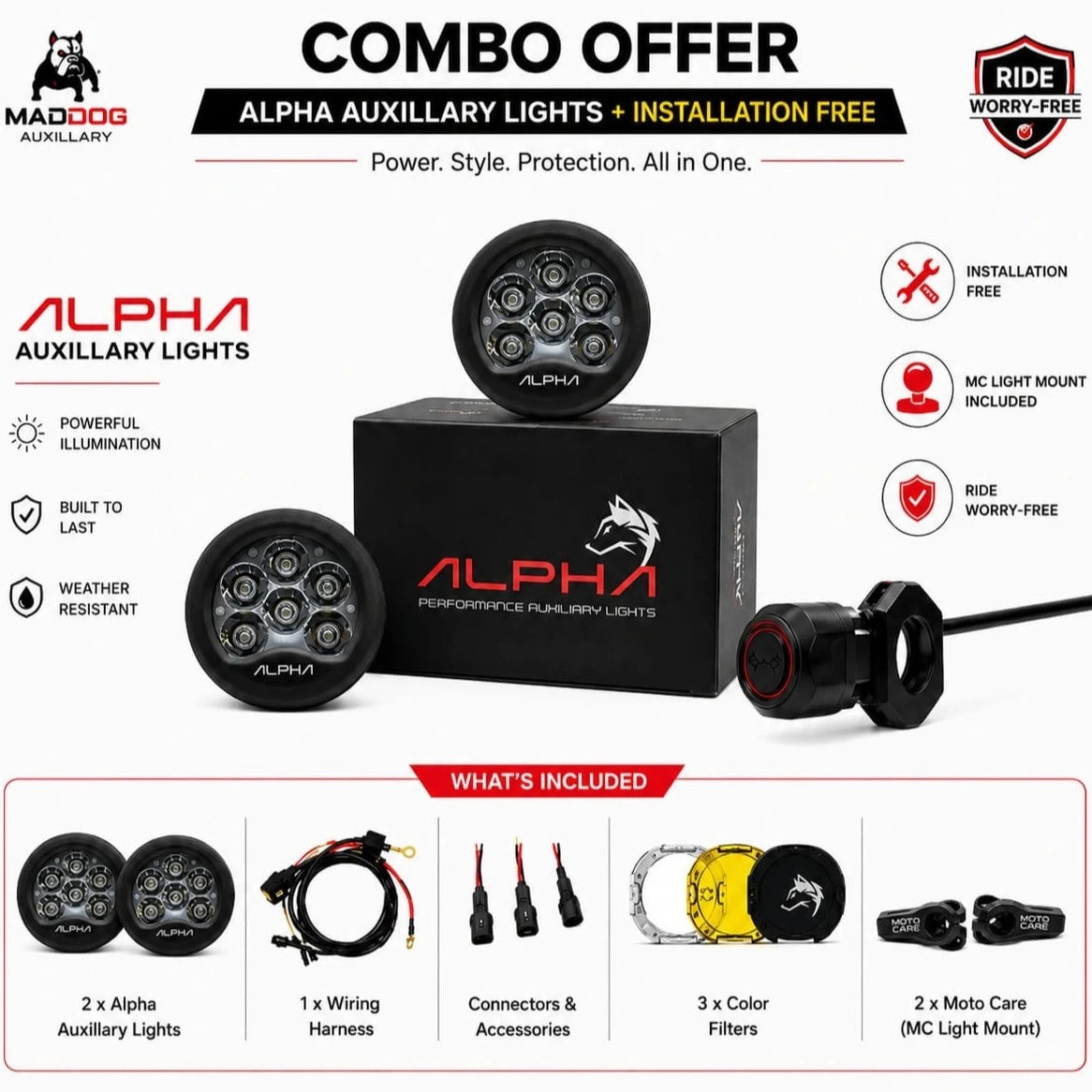 Maddog Alpha Combo - Switch, Harness, Light Mount & Filters