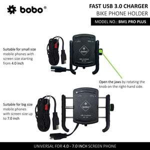 BOBO BM1 PRO PLUS Jaw-Grip Bike Phone Holder with Vibration Damper USB 3.0 - Motodrift