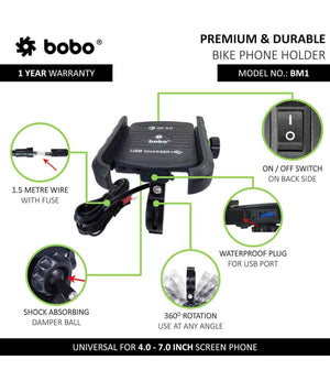 BOBO BM1 Motorcycle Phone Holder (with fast USB 3.0 charger) - Motodrift