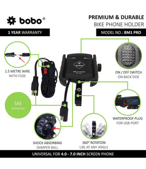 BOBO BM1 Pro Motorcycle Phone Holder (with fast USB 3.0 charger) - Motodrift